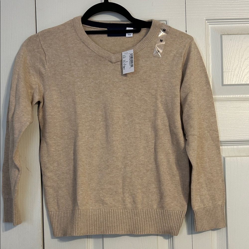 THE CHILDREN'S PLACE Medium 7 8 NWT Tan Straw Cream V-Neck Lightweight Sweater